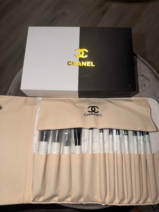 CHANEL Other - CHANEL Leather Case Black Brush Roll with White Handled Brushes Black Logo